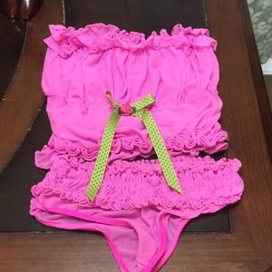 2 Piece Hot Pink Mesh Camisole w/Ruffle/Bow Matching Panty like new never worn
